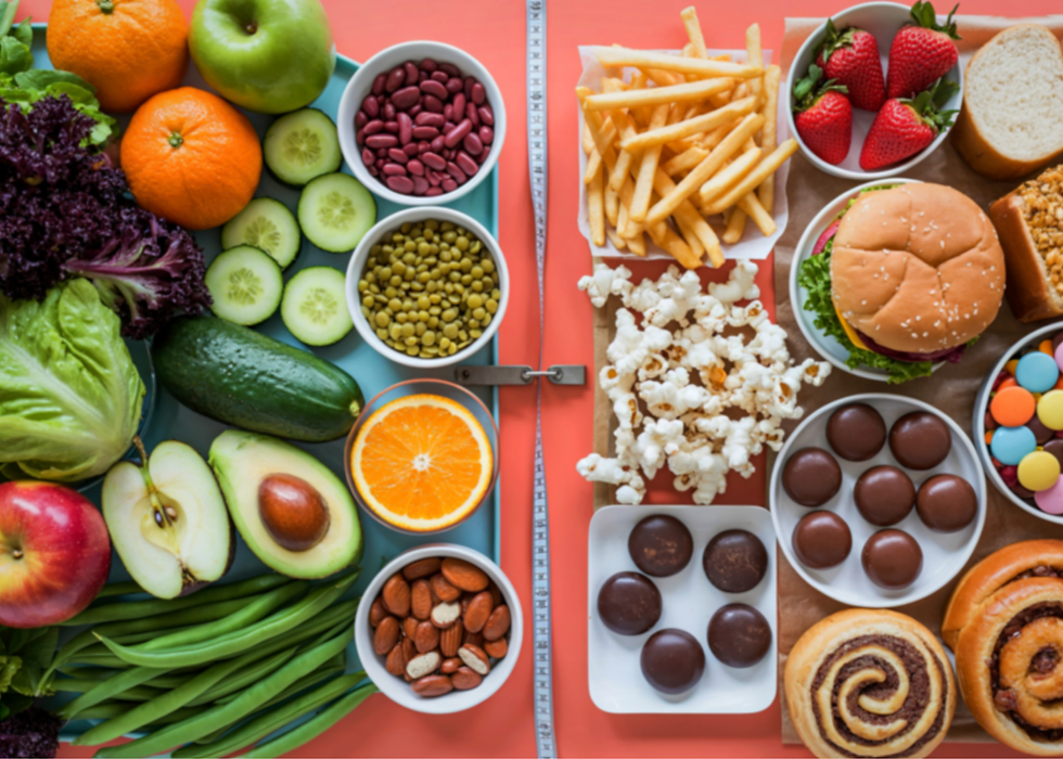 Healthy foods like fruits and veggies on left, junk foods like fries and burger on right, divided by tape measure on orange background.