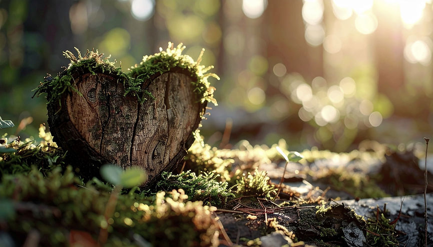 Firefly_A close-up view of a heart-shaped tree stump in a forest, partially covered in gre