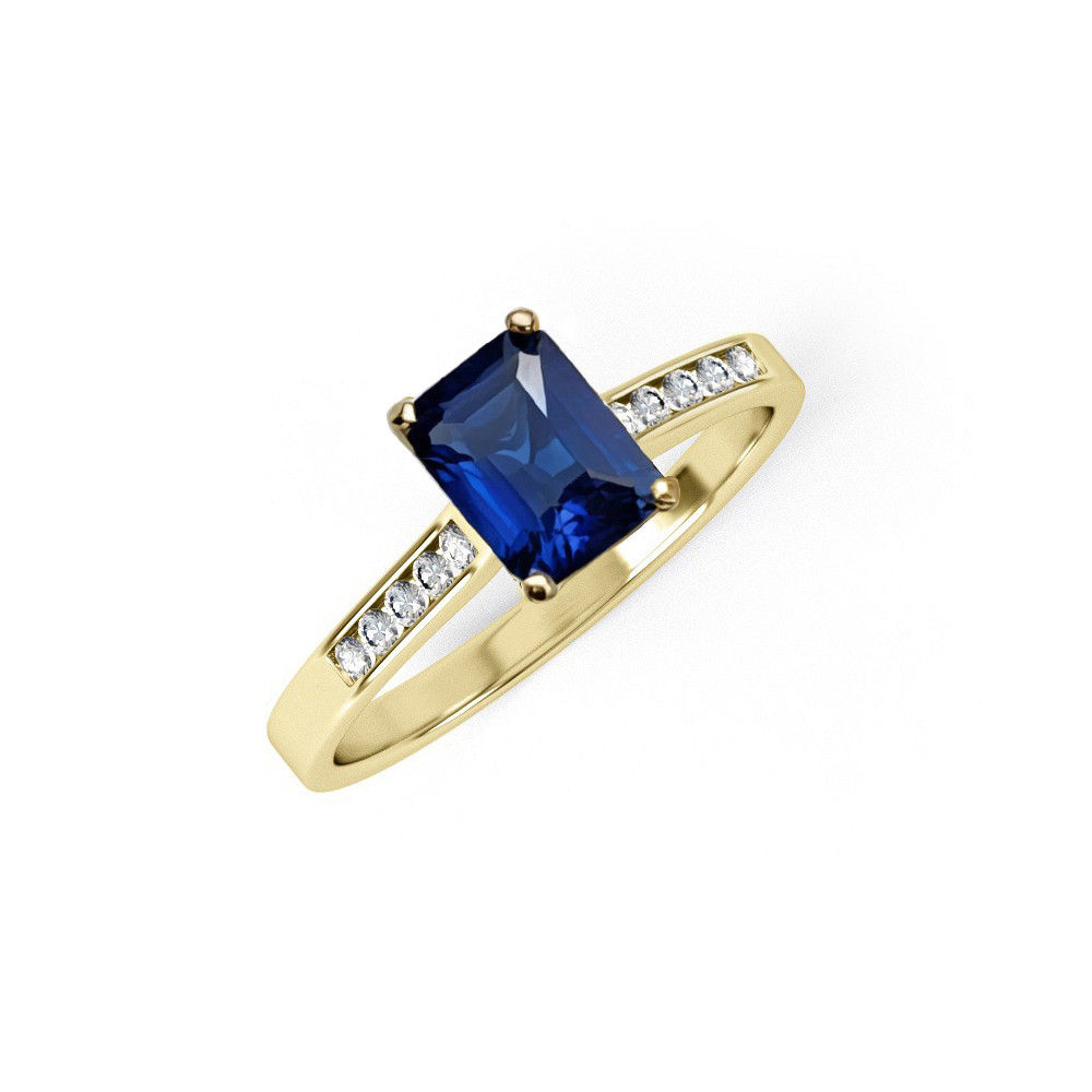 Yellow Gold Emerald Cut Blue CZ Ladies Ring