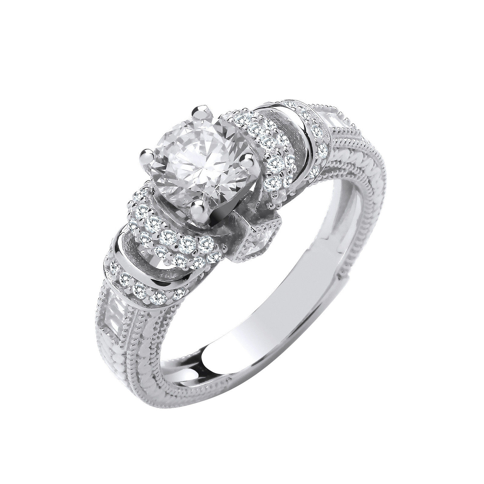 Silver Vintage Look, Milgrain Shank Solitaire CZ Ring