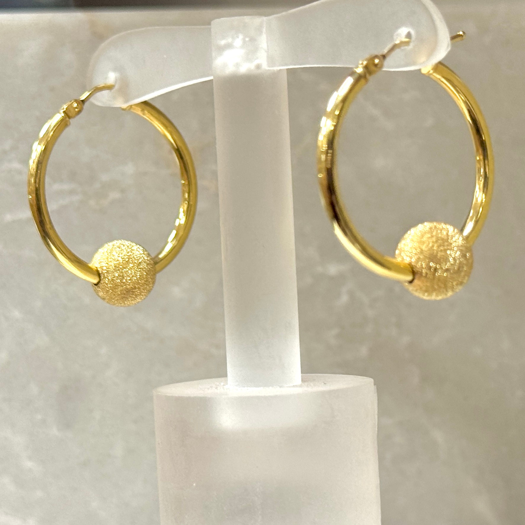 Yellow Gold 23mm Glitter Ball Hoop Earrings