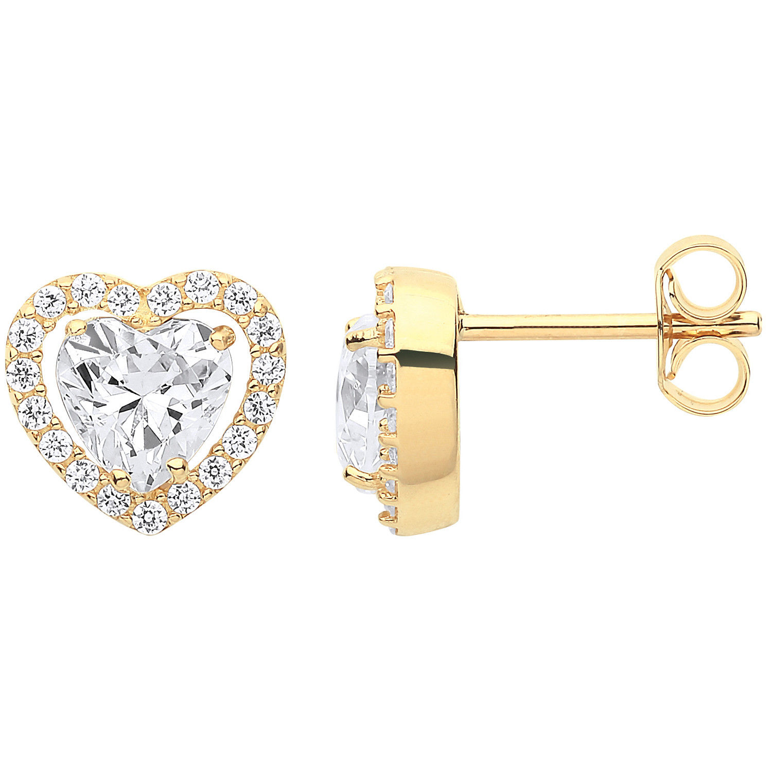 Yellow Gold Heart Halo Style CZ Stud Earrings