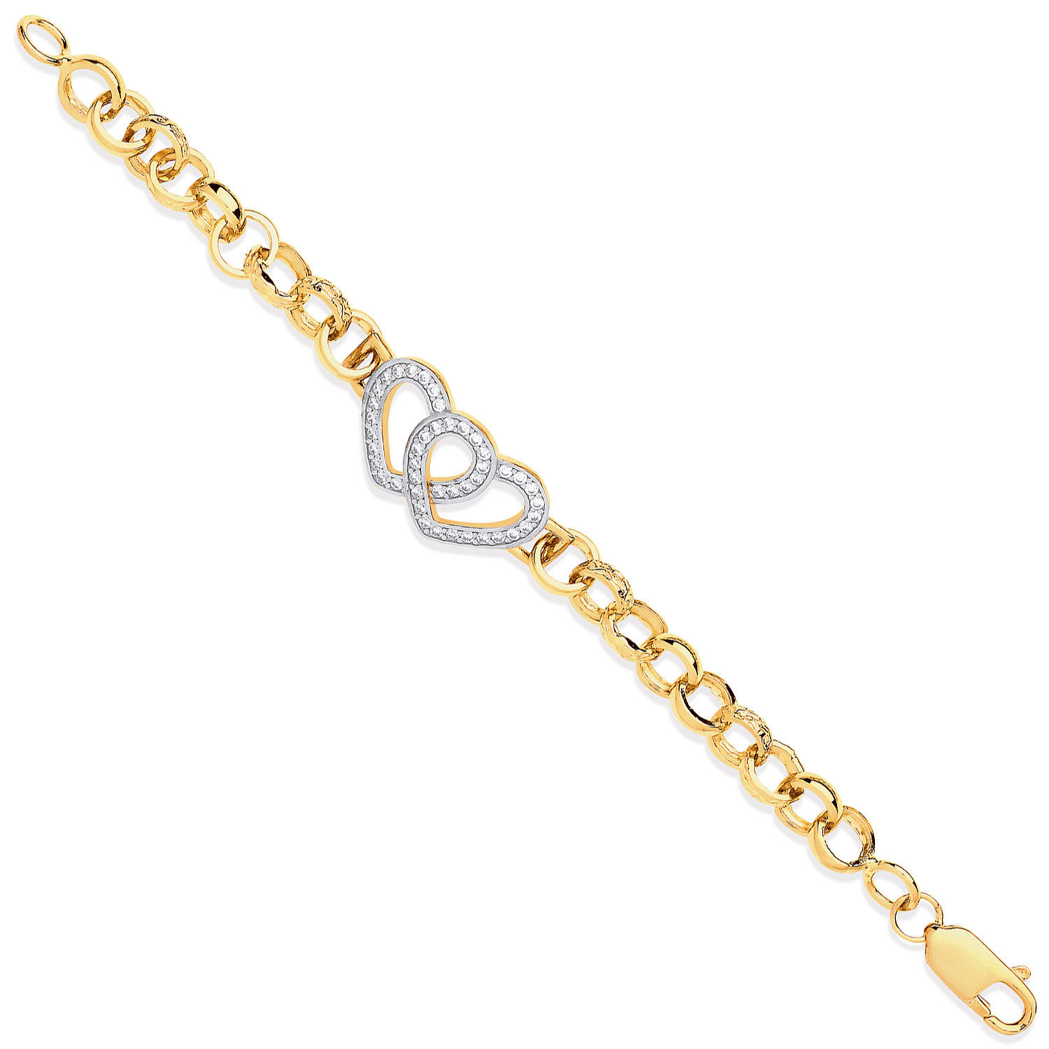 Yellow Gold Belcher Links Cz Hearts Baby Bracelet