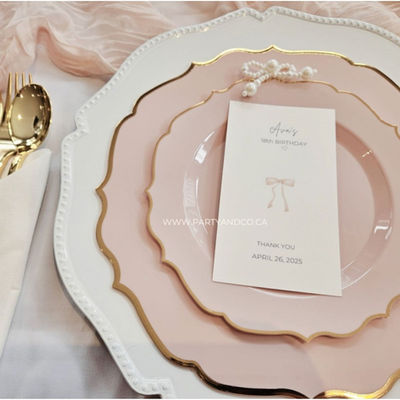 Tableware with a pink and white theme for luxury event styling by Party  and Co. in the GTA