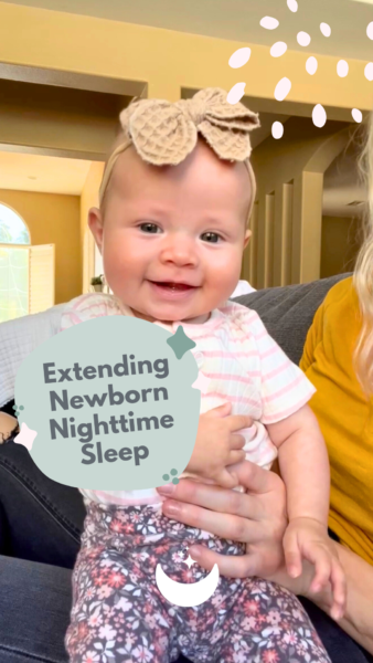 a baby smiling with the text on screen of 'Extending Newborn Nighttime Sleep | The Peaceful Sleeper