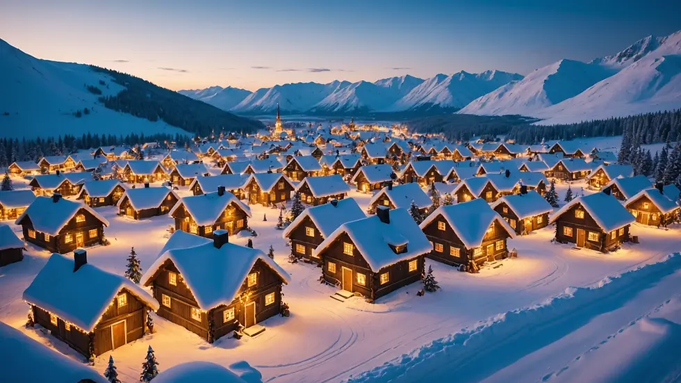 Wide angle view of a snow-covered North Pole village during Christmas time