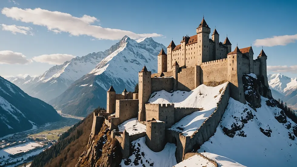 Eye-level view of the majestic fortress of Ralendor against the backdrop of snow-capped mountains