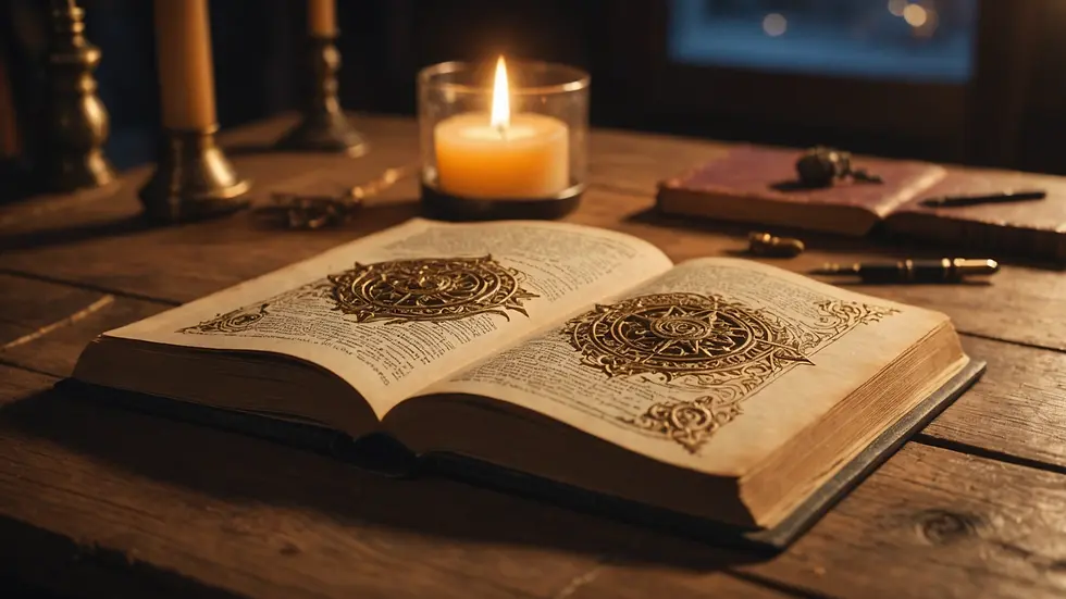 Close-up view of a glowing spellbook on a wooden table