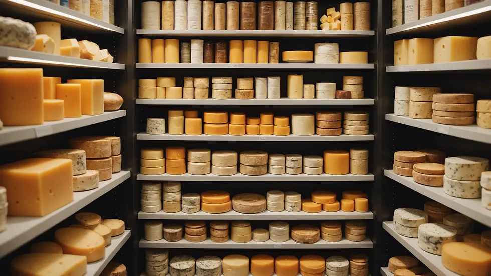 Eye-level view of a library food cabinet filled with assorted cheeses