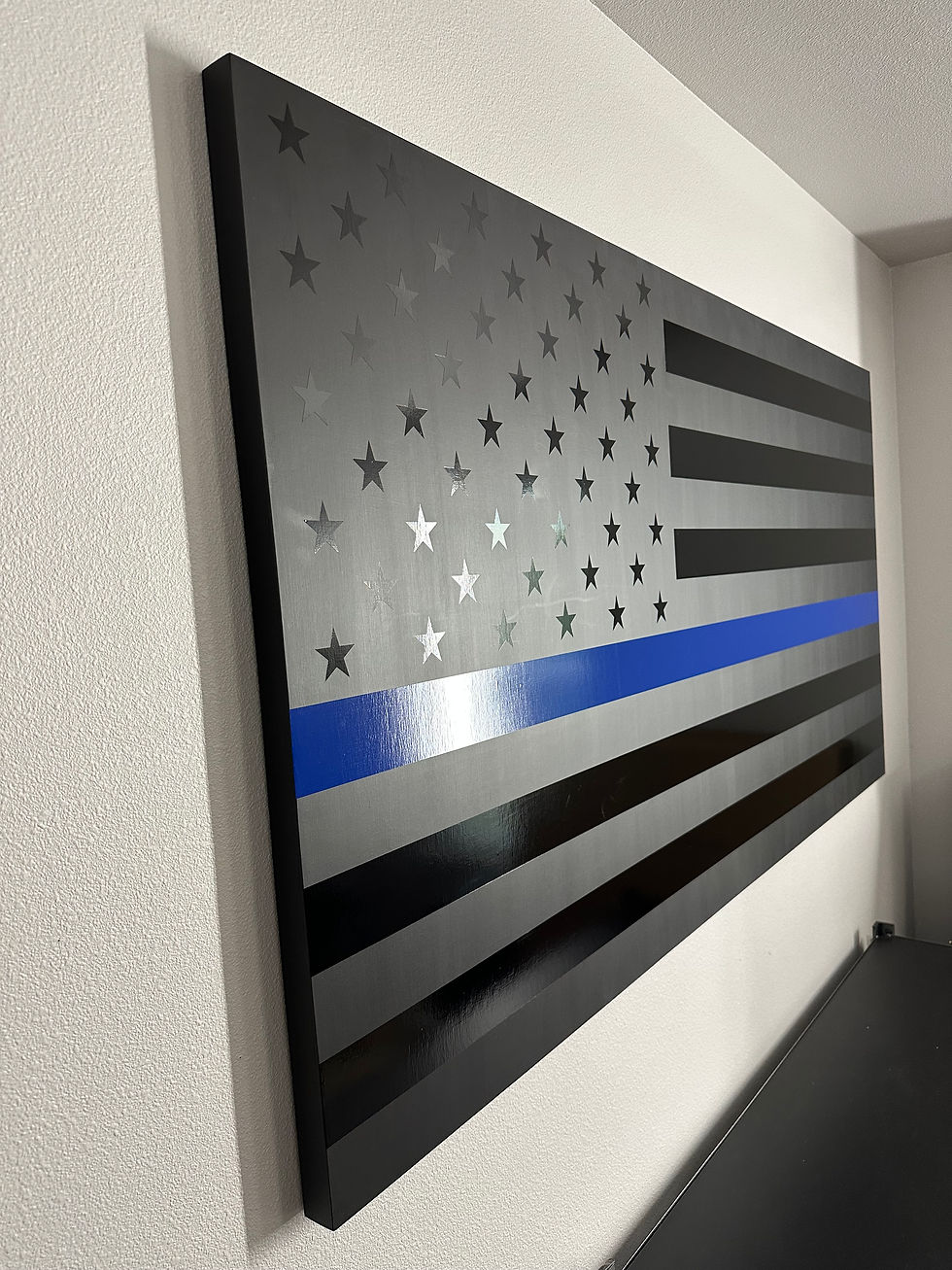 Thumbnail: Blackout "Thin Blue Line" Horizontal American Wood Rustic Torched Flag