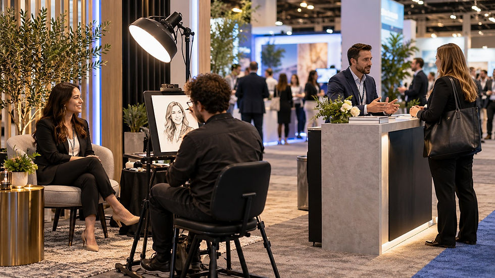 Illustrative trade show visitor moving from a personalized portrait experience into a business conversation.
