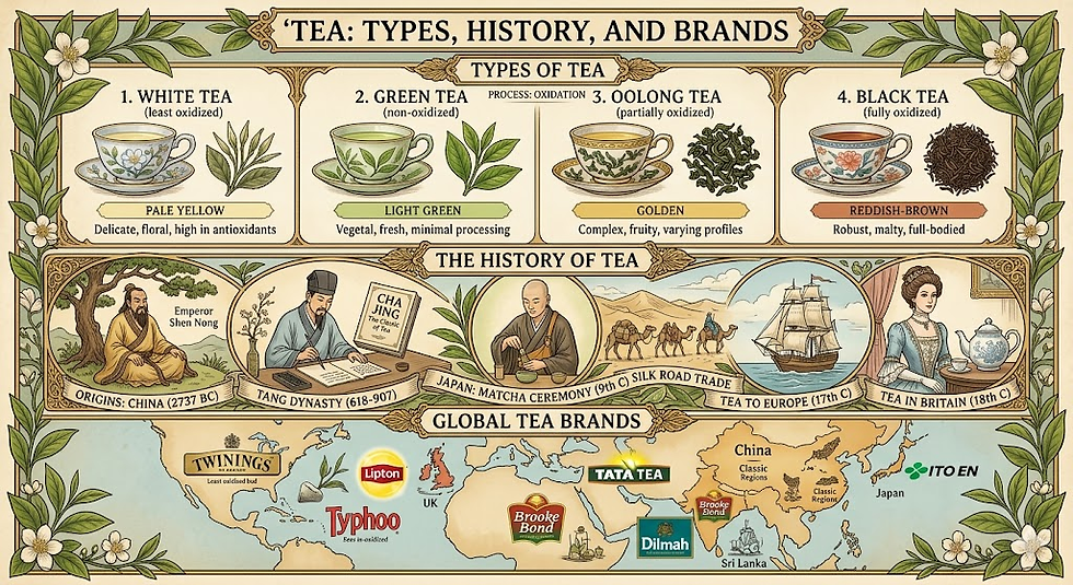 TEA: Definition, History, Production Process, Types, Blends, Tisanes, Brands & Service Procedure