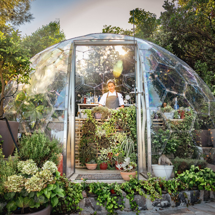 transparent dome greenhouse set as a immersive kitchen