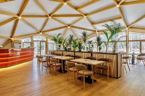 Geodesic dome restaurant with immersive dining atmosphere and panoramic views.