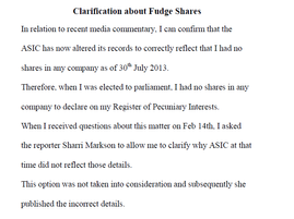Clarification about Fudge Shares - Media Statement by Ann Sudmalis