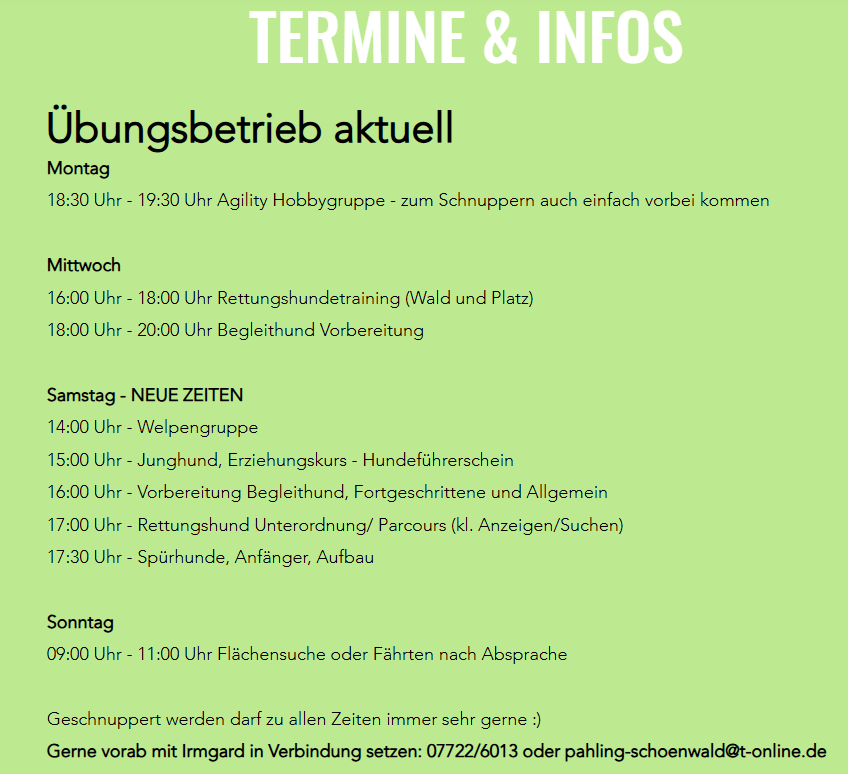 Aktueller Übungsbetrieb 2026