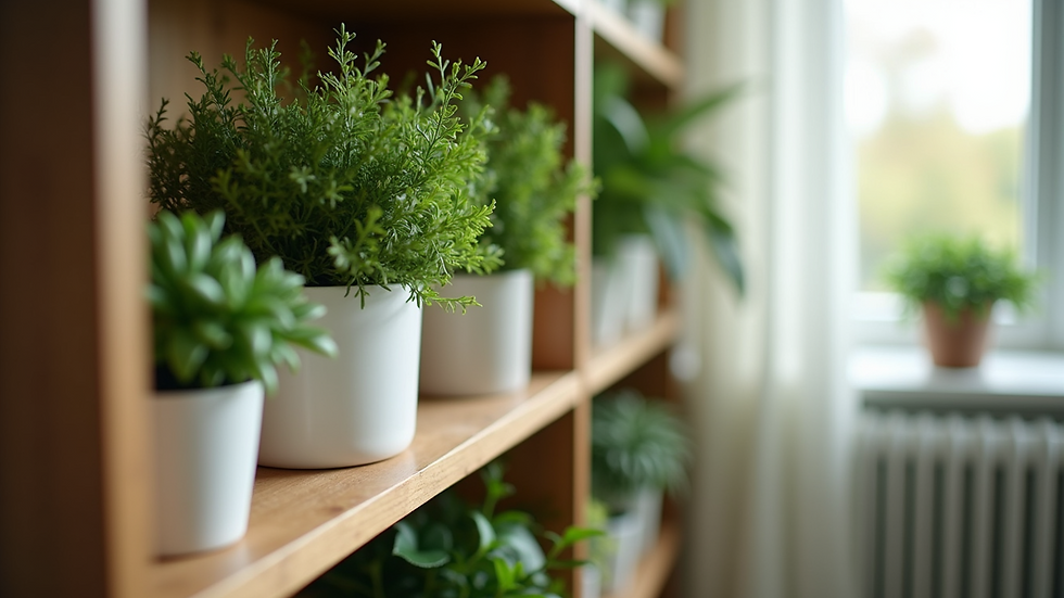 Close-up view of a beautifully arranged plant shelf