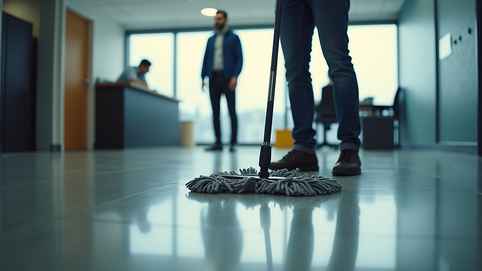 Close-up view of a janitor cleaning an office floor with a mop