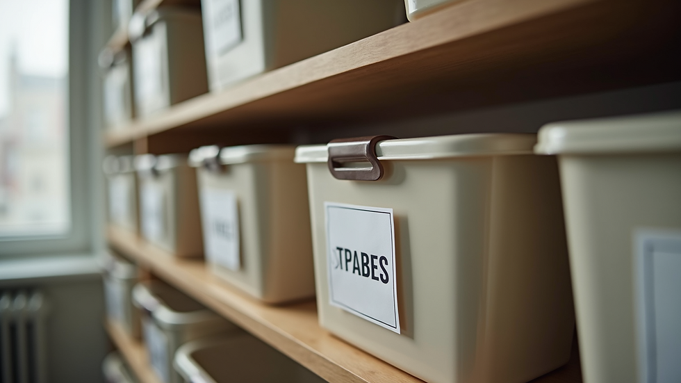 Close-up view of neatly labeled storage bins on a shelf in a well-organized room