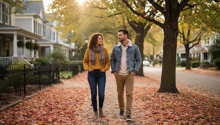 Eye-level view of two friends walking on a quiet neighbourhood sidewalk.
