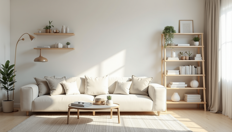 Eye-level view of a neatly organized living room with minimal decor and clean surfaces