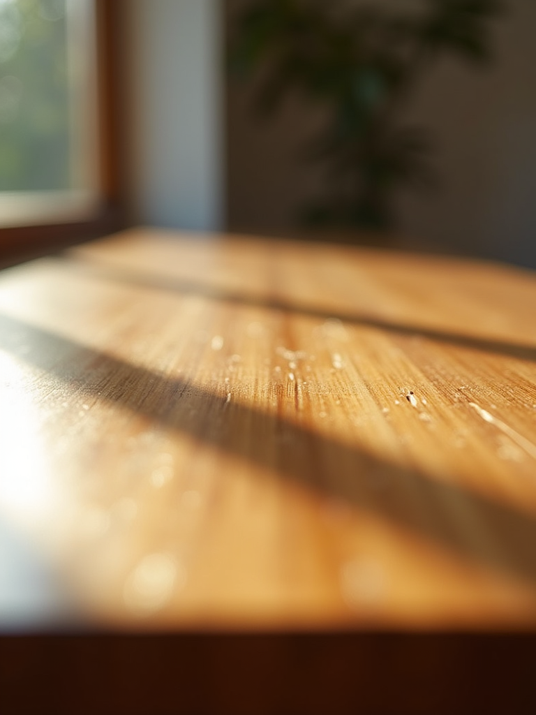 Close-up of a perfectly polished wooden table reflecting light.