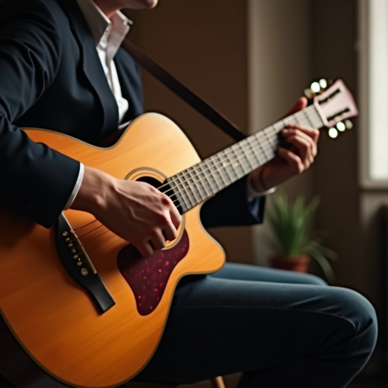 An acoustic guitar leaning against a speaker in a warm, inviting event space.