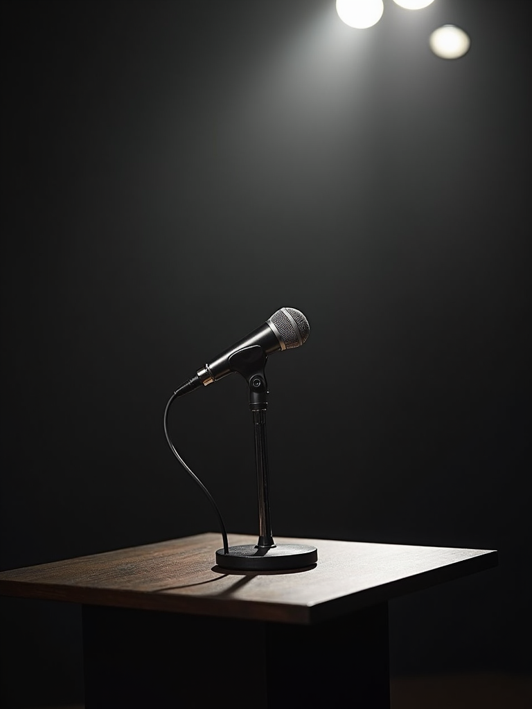 A professional stage setup with a microphone on a sleek podium under warm lighting.
