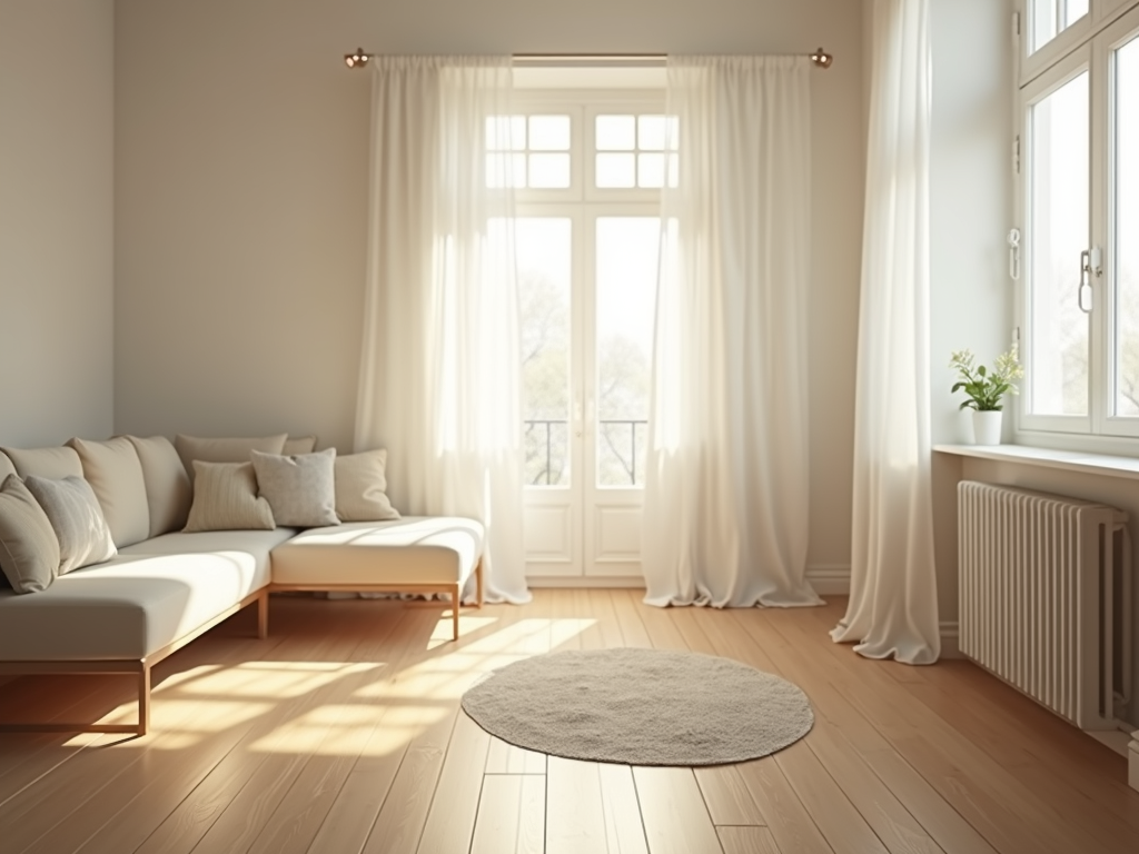 A bright and sparkling clean living room with sunray reflections on the floor.