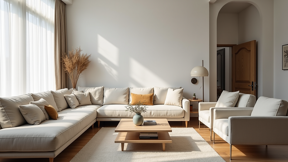 Eye-level view of a minimalistic living room with functional furniture