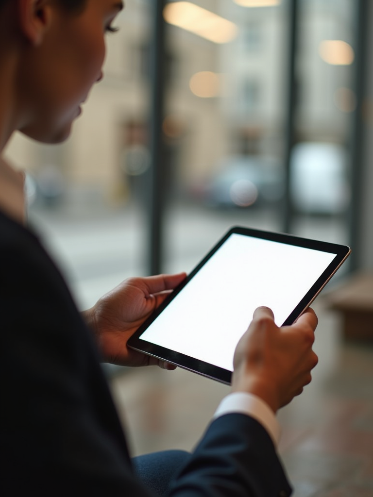 A stylish digital tablet displaying wellness social media content on a marble surface.