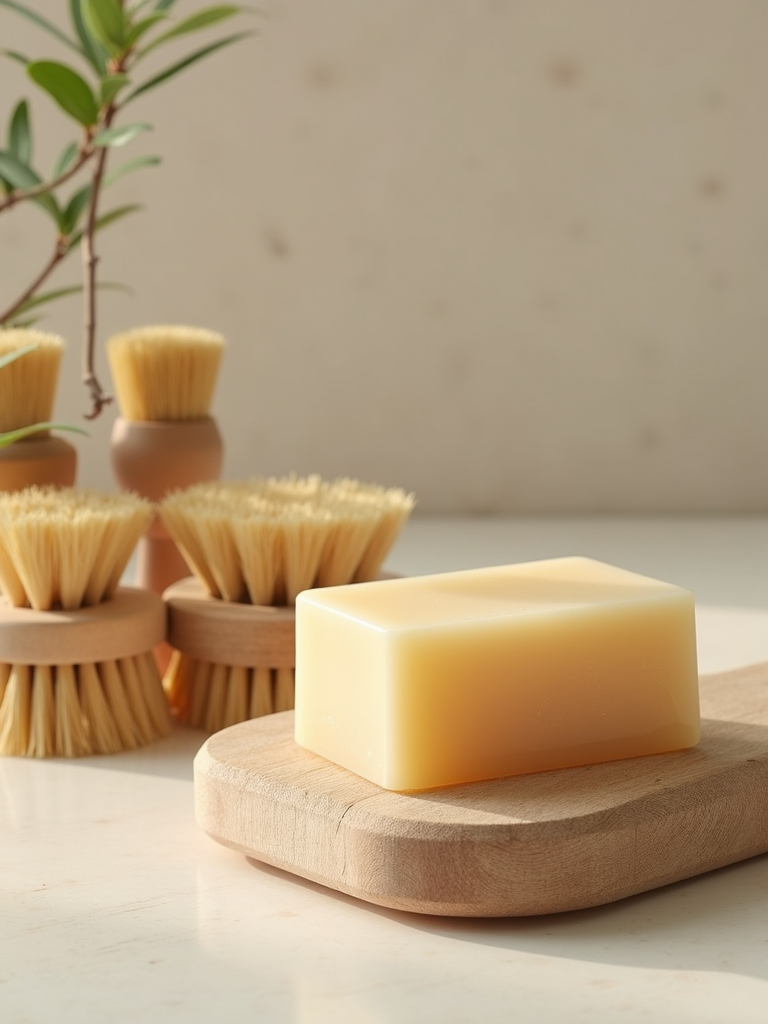 Organic cleaning supplies arranged neatly on a wooden tray.