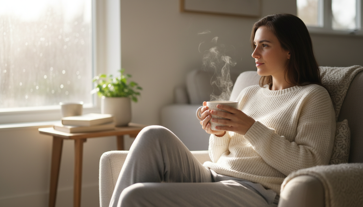 Eye-level view of a person sitting by a sunny window with a mug of tea.