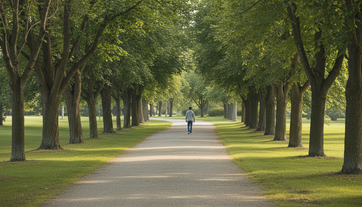 Wide-angle view of a quiet park path lined with green trees.