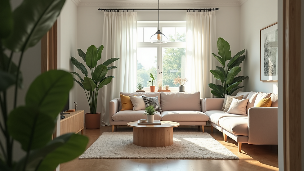 Eye-level view of a cozy living room with plants and soft furnishings