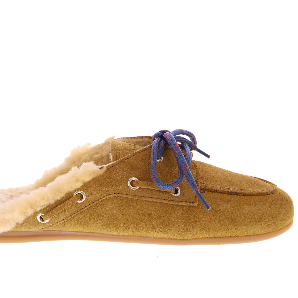 Thumbnail: POSA Boat Loafer Mule Fur Brushed Suede camel.