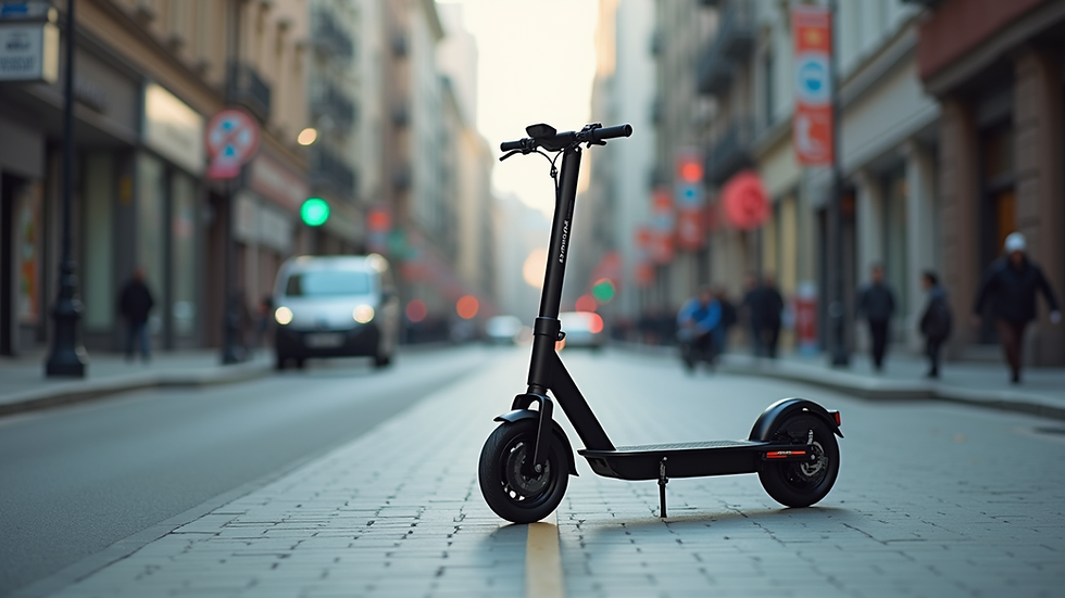 Eye-level view of a sleek electric scooter parked on a city sidewalk