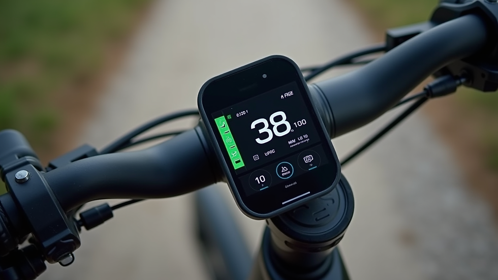 Close-up view of an Alpine e-bike’s control panel showing speed and battery life