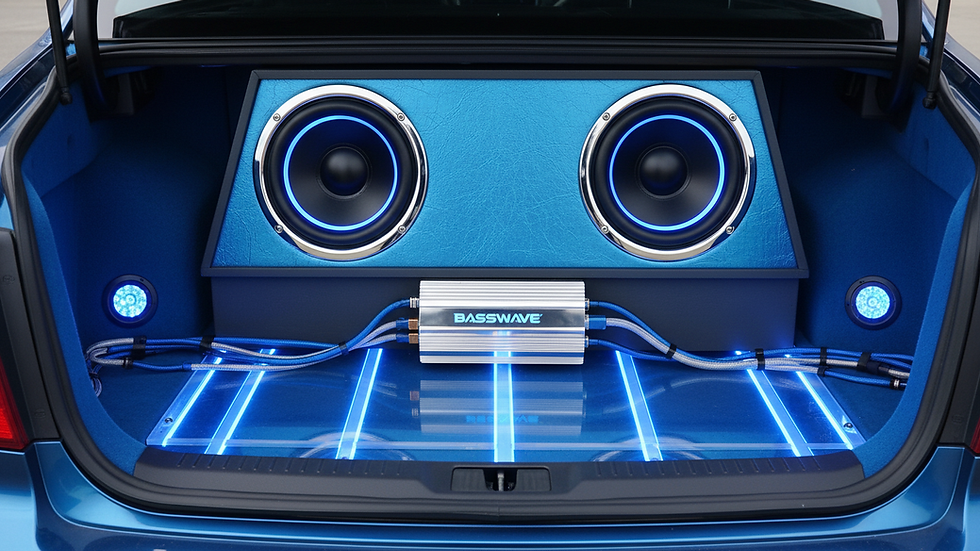 Eye-level view of a car trunk with a custom subwoofer enclosure installed