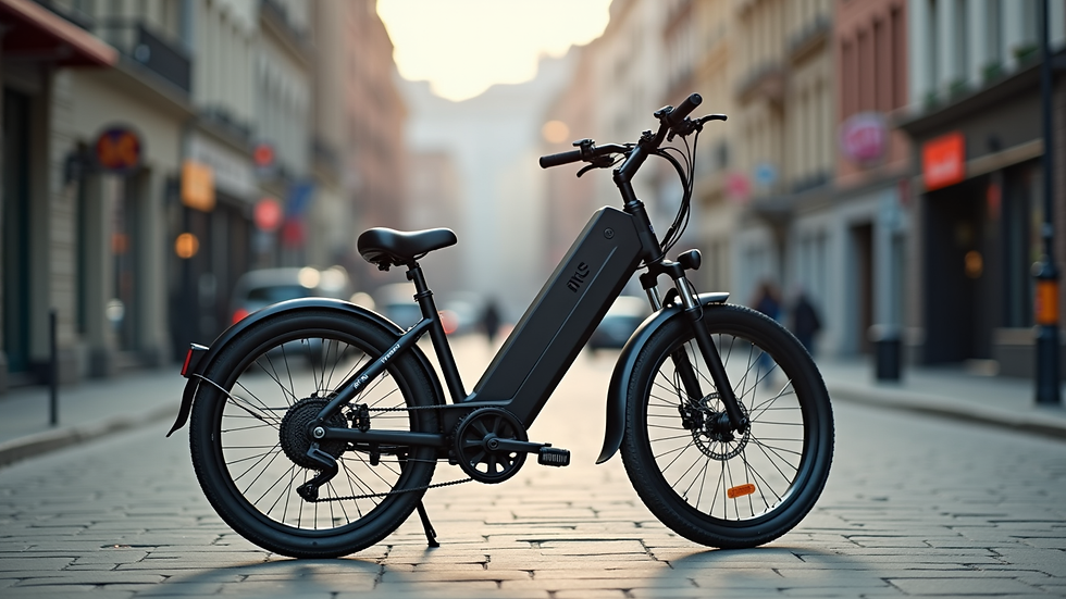 Eye-level view of a sleek electric bike parked on a city street