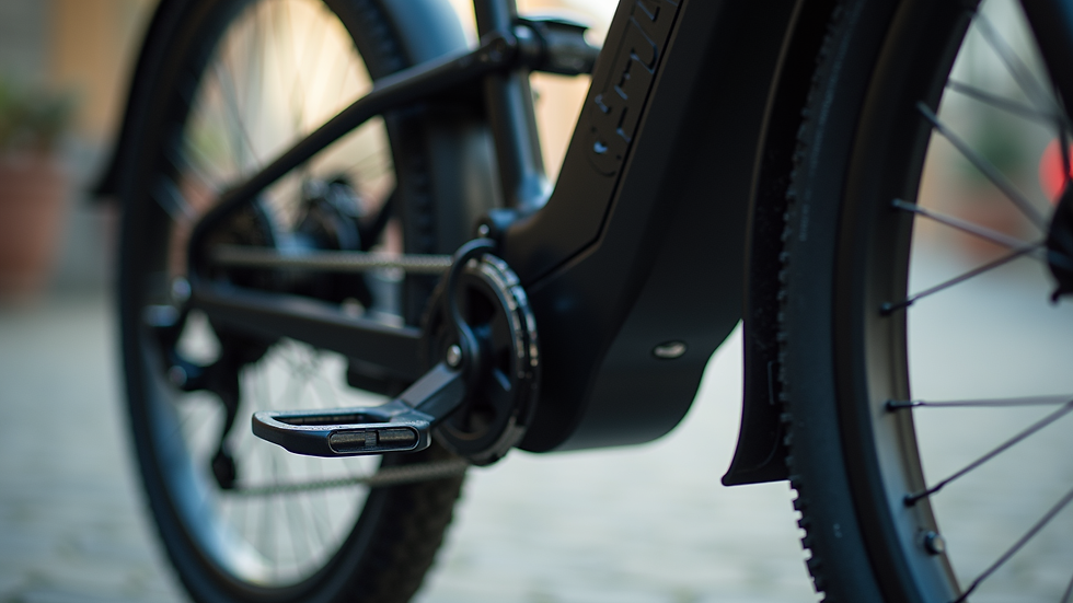 Close-up view of an electric bike’s pedal and motor system