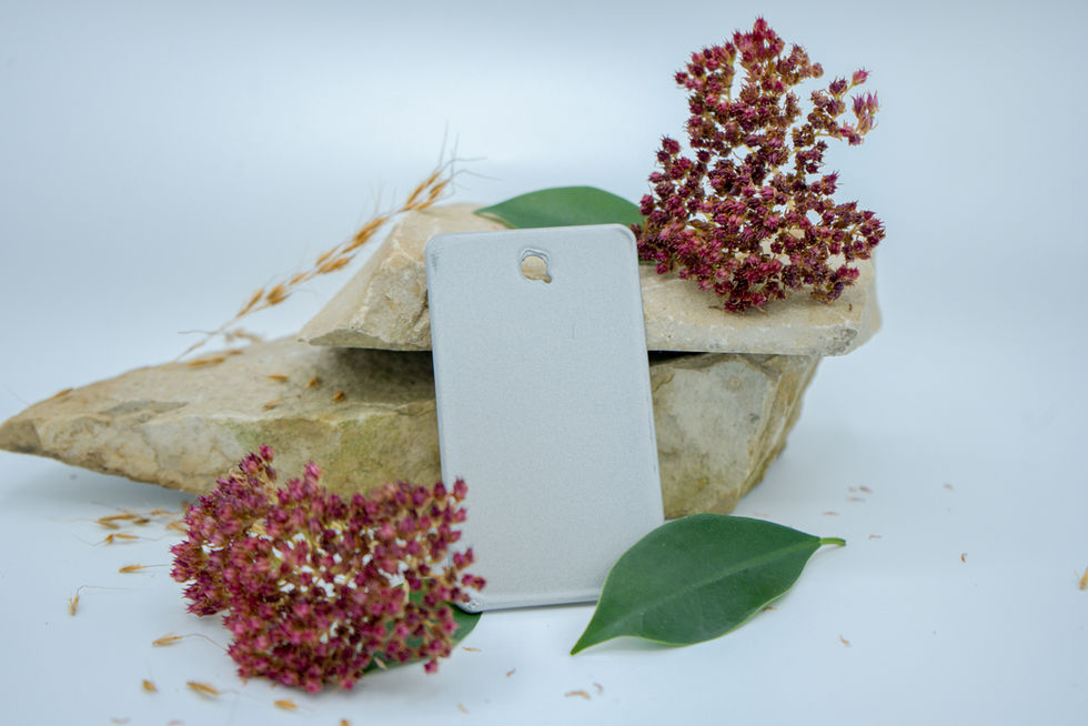 Limestone rocks with red flowers around them and a vinyl color sample leaning against the rocks.
