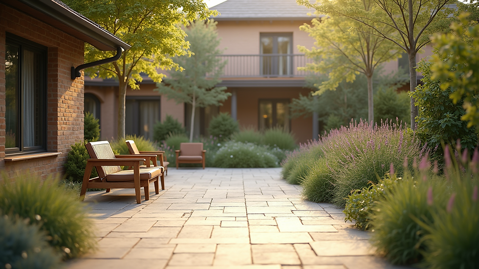 Wide angle view of tranquil outdoor seating area at rehab centre