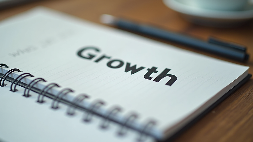 Close-up view of a notebook with business growth notes and a pen