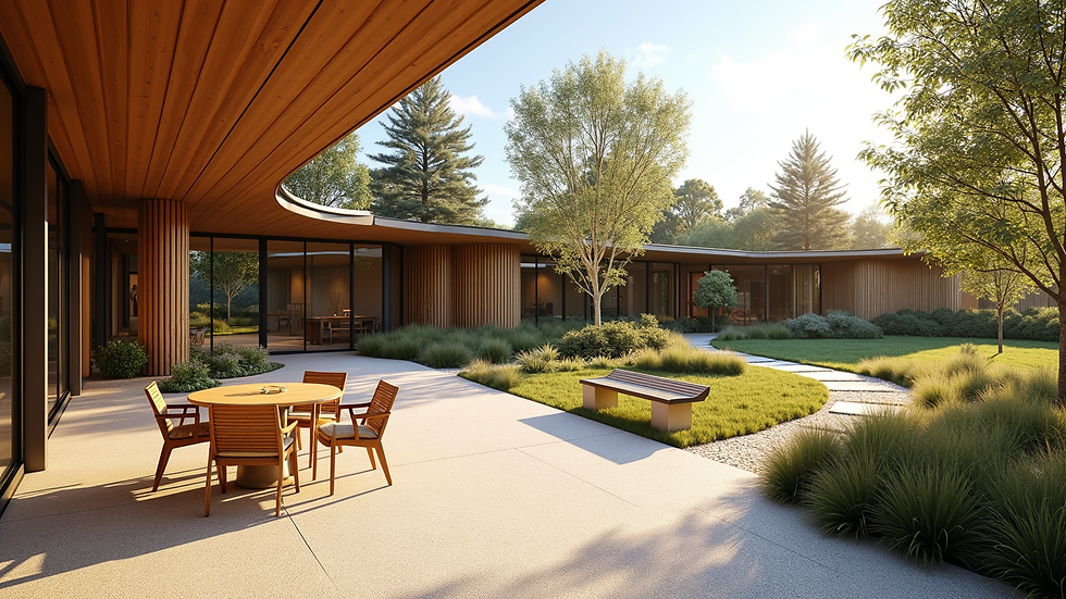 Wide angle view of a tranquil outdoor seating area at Wellvale Recovery Centre