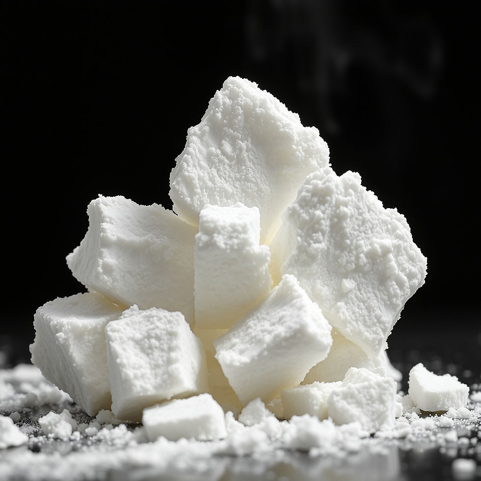 White sugar cubes stacked on a reflective surface against a black background. Powdered sugar scattered around, creating a textured look.