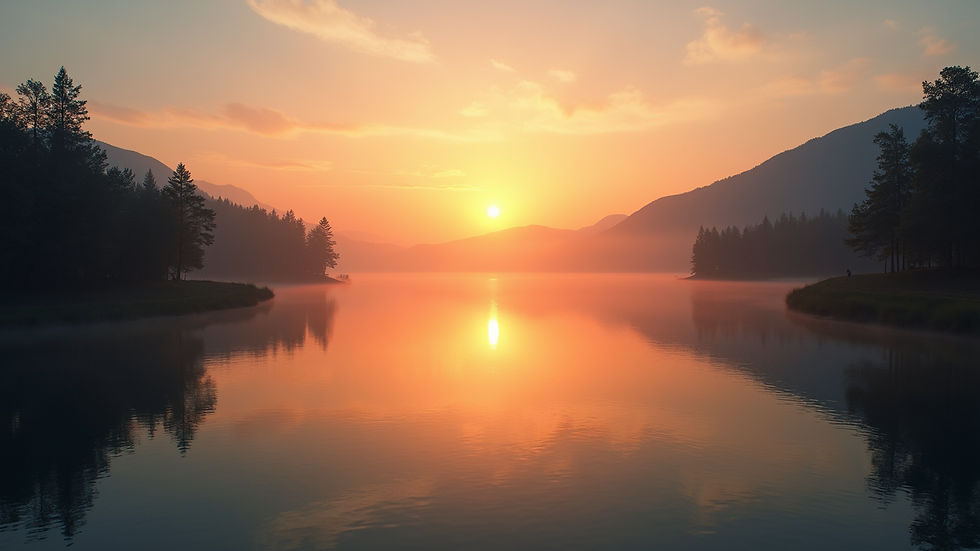 High angle view of a sunrise over a calm lake, symbolizing new beginnings and hope