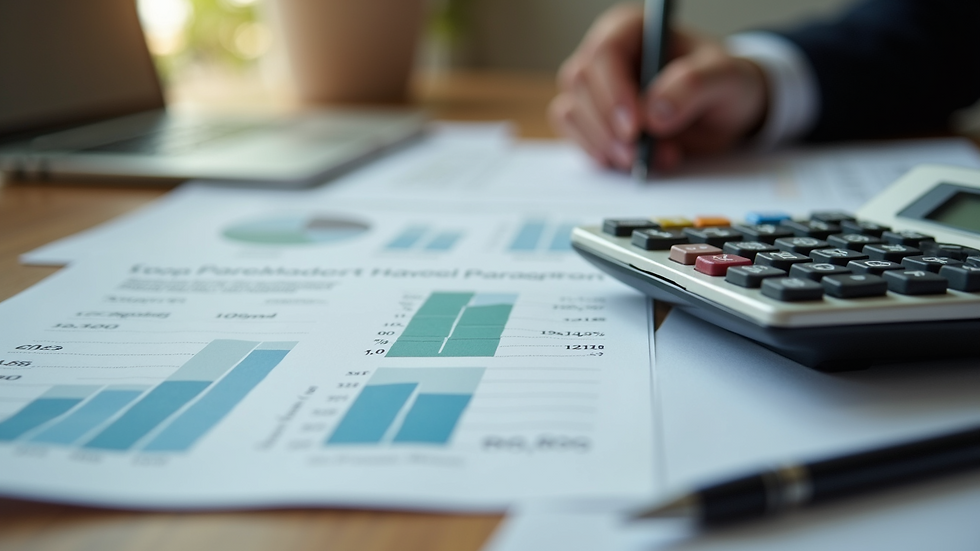 High angle view of a desk with financial reports and a calculator