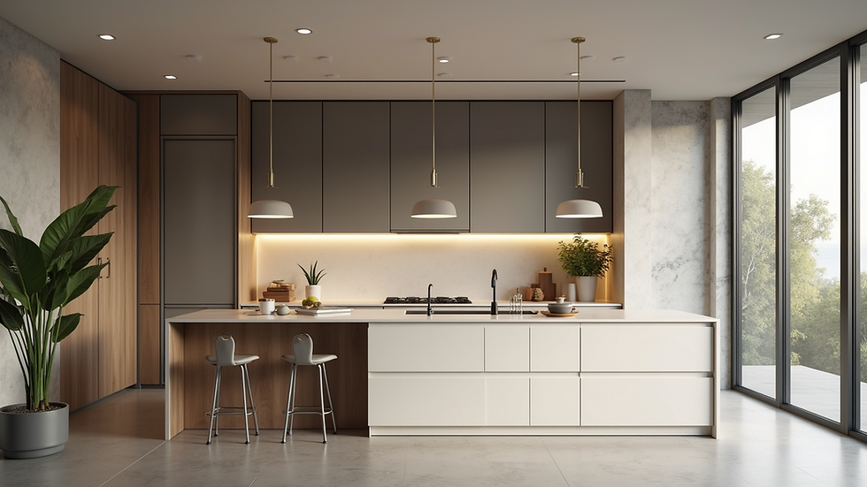 Eye-level view of a modern custom kitchen with open layout