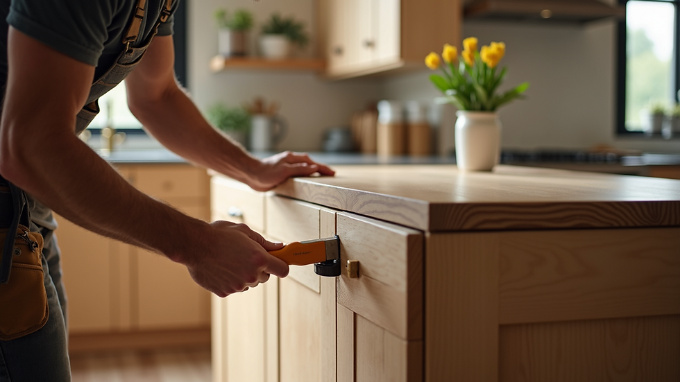 Close-up view of a craftsman installing custom wood cabinetry in a luxury kitchen